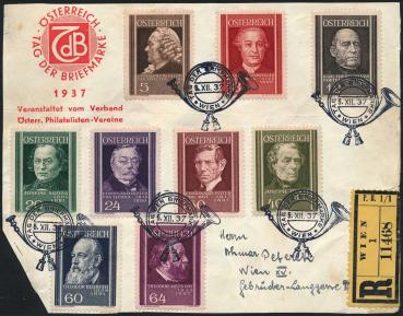 ANK 0649-657 Ersttag "Österreichische Ärzte" 1937 auf Briefausschnitt mit Ersttag Sonderstempel