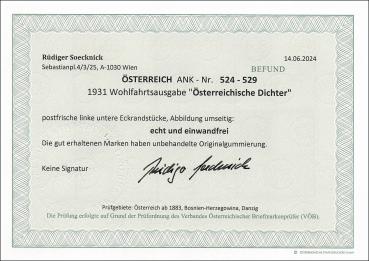 ANK 524–529 Austria 1931 – Charity Issue “Austrian Poets” – mint lower left corner margin stamps