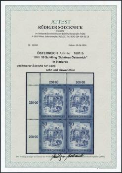 Preview: ANK 1601b Österreich 1998 – 50 Schilling „Schönes Österreich“ blaugrau – postfrischer Eckrand-4er-Block mit Attest