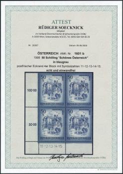Preview: ANK 1601b Österreich 1998 – 50 Schilling „Schönes Österreich“ blaugrau – postfrischer Eckrand-4er-Block mit Symbolzahlen und Attest