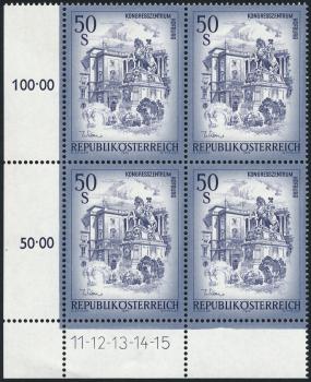 ANK 1601b Österreich 1998 – 50 Schilling „Schönes Österreich“ blaugrau – postfrischer Eckrand-4er-Block mit Symbolzahlen und Attest