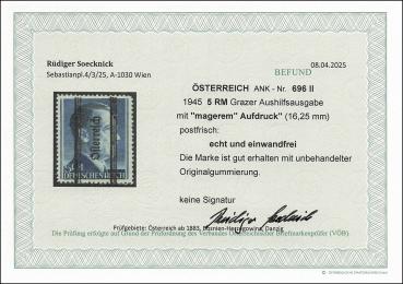 Preview: ANK 696 II 1945 5 RM Grazer Aushilfsausgabe mit „magerem“ Aufdruck (16,25 mm)