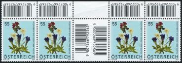 ANK 2658 ZW – Österreich 2007 – 55 Cent „Alpenblumen: Enzian, Edelweiß & Almrausch“ – unteres waagrechtes Zwischenstegpaar
