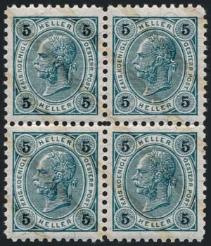 Preview: ANK 085, 86, 87 & 89 Österreich 1901/1902 – Friedl-Zähnungen – 4er-Block-Satz – selten