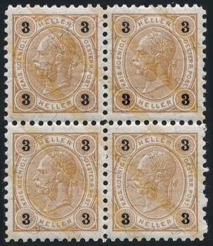 Preview: ANK 085, 86, 87 & 89 Österreich 1901/1902 – Friedl-Zähnungen – 4er-Block-Satz – selten