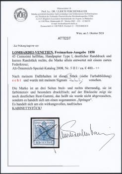 ANK LV 005 I g LOMBARDY-VENETIA, Definitive Stamp Issue 1850 45 Centesimi light blue, handmade paper, Type I