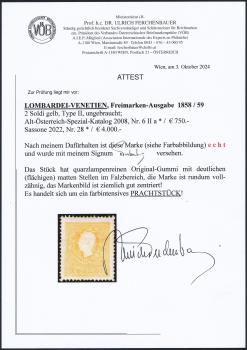 ANK LV 006 II b LOMBARDY-VENETIA, Definitive Stamp Issue 1858/59 2 Soldi yellow, Type II, unused