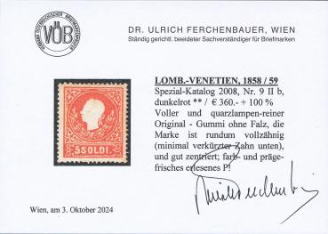 ANK LV 009 II b LOMBARDY-VENETIA, 1858/59 Special Catalog 2008, No. 9 II b, dark red ** (mint, never hinged)