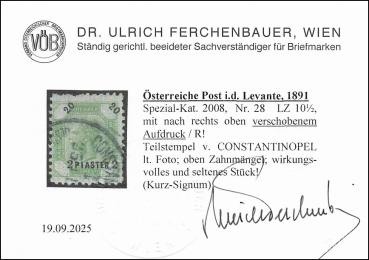 ANK Levante 028 2 Piaster auf 20 Kronen 1891 gestempelt