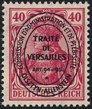 Allenstein 1920 Nicht verausgabte Marke – Germania 40 Pf rot Sonderaufdruck „TRAITÉ DE VERSAILLES“