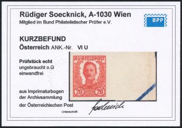 Preview: Feldpost K u. K ANK VI U Kopfbild Kaiser Karl 1918 ungezähntes rechtes Randstück aus Imprimaturbogen