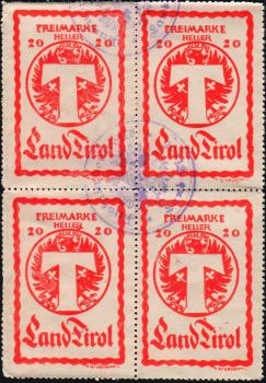 Block of 4 Parcel Control Stamps Tyrol 20 Heller