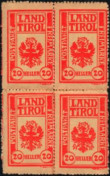 Block of 4 Parcel Control Stamps Tyrol 20 Heller