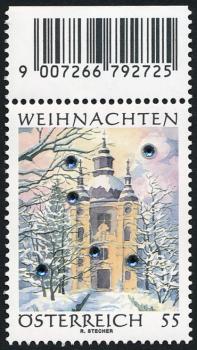 ANK 2653 V 24.11.2006 55 C. „Weihnachten 2006“ Versuchsmarke mit 6 Swarovski-Kristallen Randstück oben