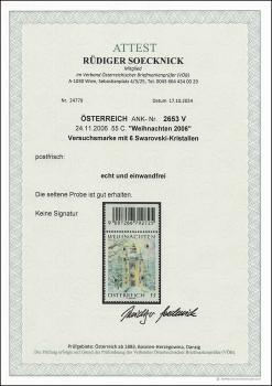 ANK 2653 V 24.11.2006 55 C. „Weihnachten 2006“ Versuchsmarke mit 6 Swarovski-Kristallen Randstück oben