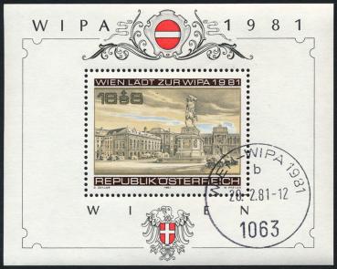 ANK 1696 "WIPA BLOCK 1981" mit Plattenfehler "verstümmeltes Knie" gestempelt