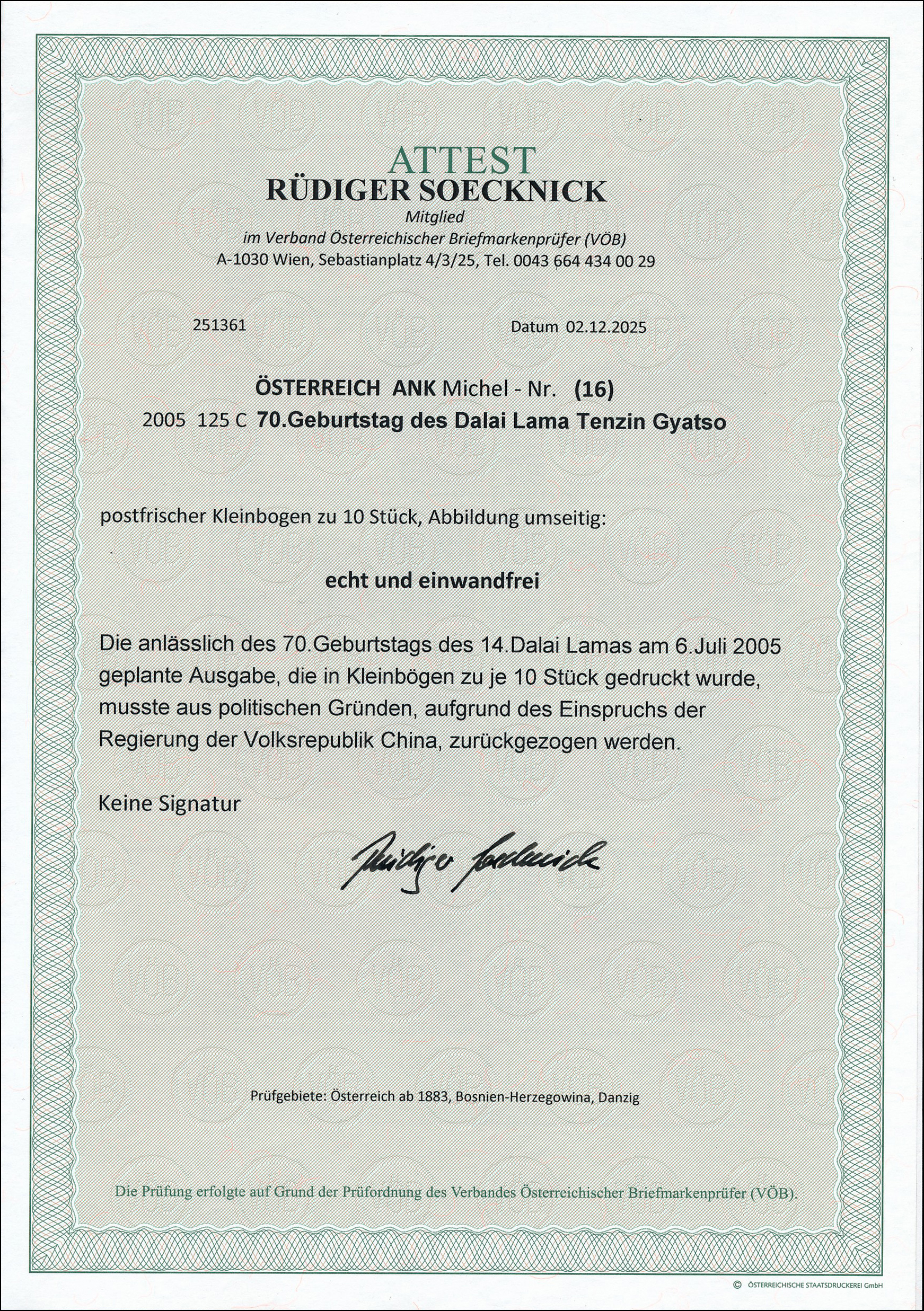 ANK - ANK (16) – Austria 2005 – 125 Cent – “70th Birthday” – withdrawn  miniature sheet of 10 stamps