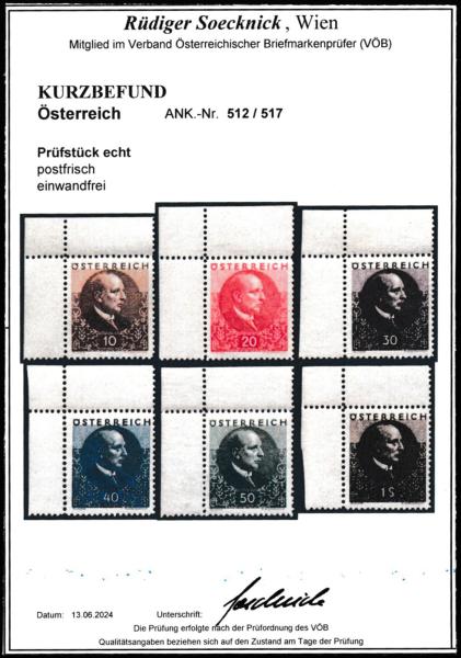 ANK 0512-0517 "Wilhelm Miklas" mint never hinged upper left corner edge pieces
