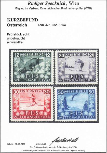 ANK 0551-0554 FIS I. FIS-Wettkämpfe Innsbruck 1933 kompletter Satz ungebraucht