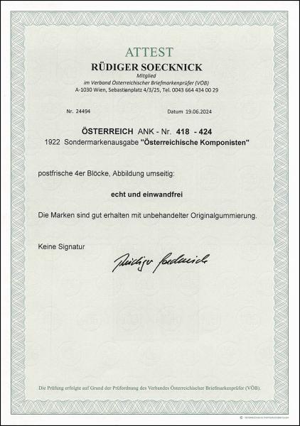 ANK 0418-424 Österreichische Komponisten 1922 - 4er Blocks