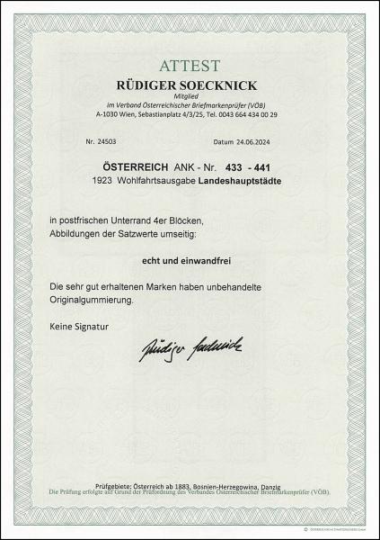 ANK-Nr. 0433 – 441 1923 Wohlfahrtsausgabe Landeshauptstädte - 4er Blocks Randstücke unten - TOP Werte geprüft