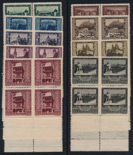 ANK-Nr. 0433 – 441 1923 Wohlfahrtsausgabe Landeshauptstädte - 4er Blocks Randstücke unten - TOP Werte geprüft