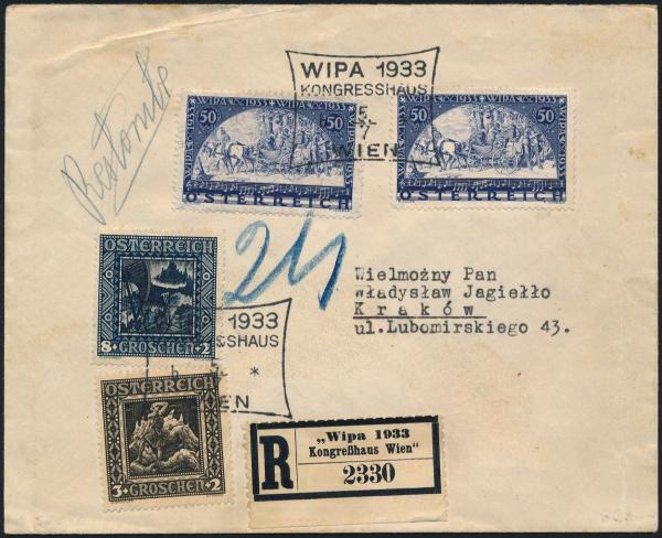 ANK 0555 + 556 + 488 + 489 WIPA 1933 auf Gewöhnlichem Faserpapier auf Briefumschlag