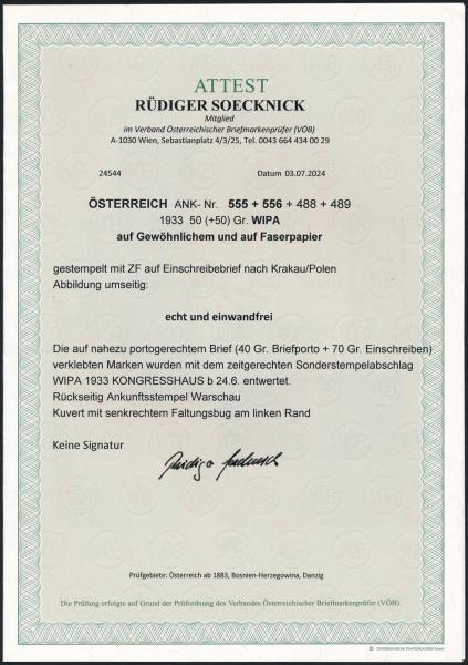 ANK 0555 + 556 + 488 + 489 WIPA 1933 auf Gewöhnlichem Faserpapier auf Briefumschlag