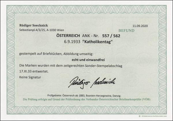 ANK 0557–562 “Katholikentag” 1933 on piece