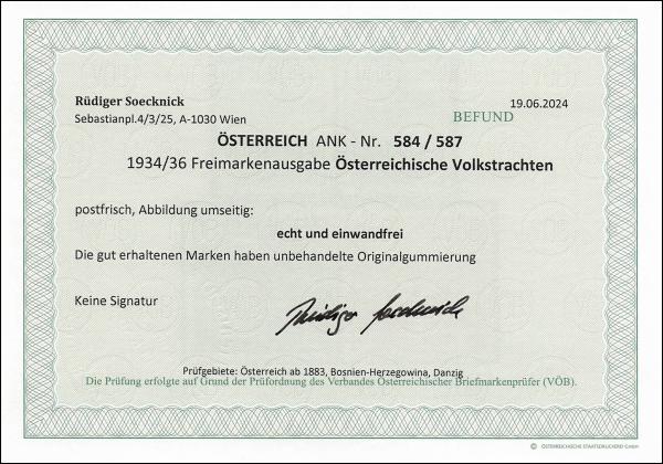 ANK 0584–0587 1934/36 Definitive Issue – Austrian Folk Costumes