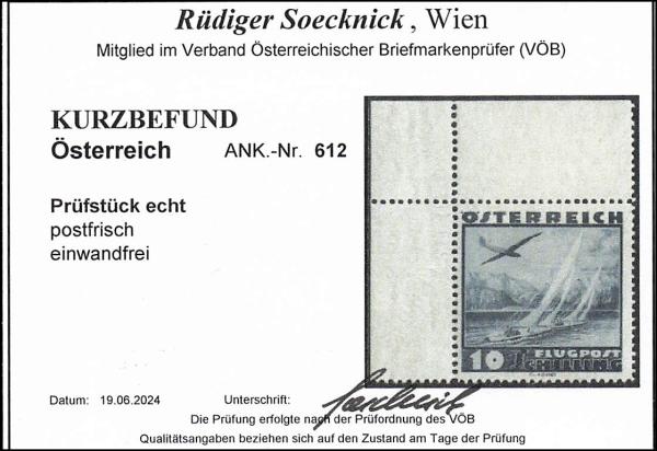 ANK 0612 Airmail 1935, value 10 Schilling upper left corner piece