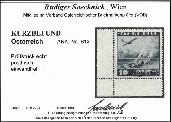 ANK 0612 Airmail 1935, value 10 Schilling lower left corner piece