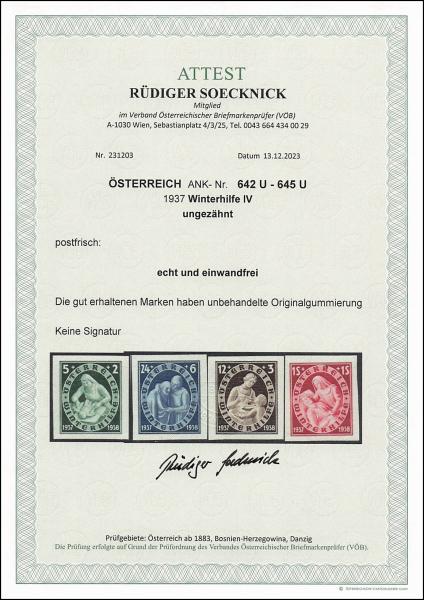 ANK 642 U – 645 U 1937 Winterhilfe IV ungezähnt