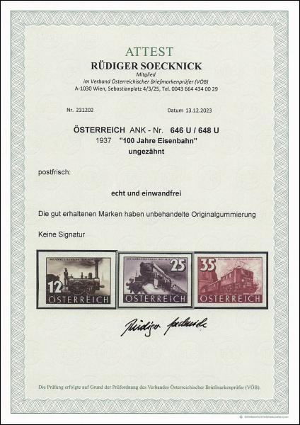 ANK 646 U / 648 U 1937 „100 Jahre Eisenbahn“ ungezähnt