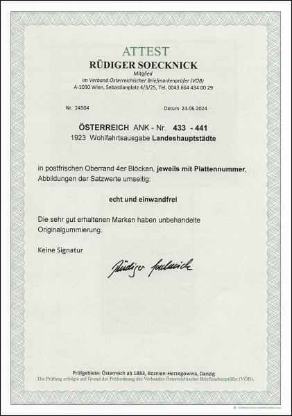 ANK 0433-441 1923 Wohlfahrtsausgabe Landeshauptstädte - 4er Blocks Randstücke oben - TOP Werte geprüft