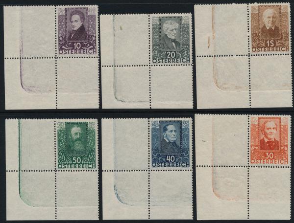 ANK 524–529 Austria 1931 – Charity Issue “Austrian Poets” – mint lower left corner margin stamps