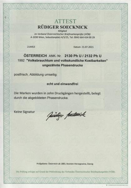 ANK 2130 Ph U / 2132 Ph U 1992 "Volksbrauchtum und volkskundliche Kostbarkeiten" ungezähnte Phasendrucke