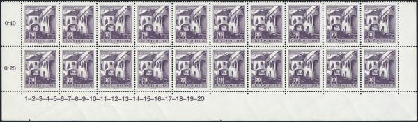 ANK 1090 Österreich 1957/70 – 20 Groschen „Bauwerke und Baudenkmäler“ – Symbolzahlen-20er-Streifen