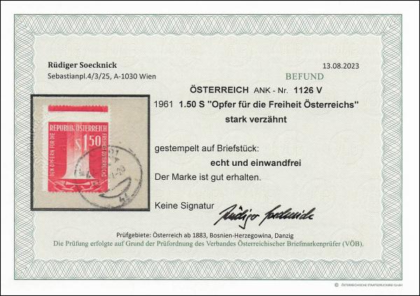 ANK 1126 V 1961 1.50 S "Sacrifice for Austria’s Freedom" – significantly misperforated