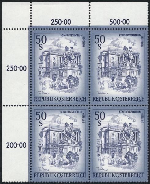 ANK 1601b Österreich 1998 – 50 Schilling „Schönes Österreich“ blaugrau – postfrischer Eckrand-4er-Block mit Attest