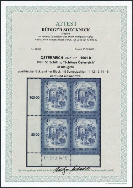 ANK 1601b Österreich 1998 – 50 Schilling „Schönes Österreich“ blaugrau – postfrischer Eckrand-4er-Block mit Symbolzahlen und Attest