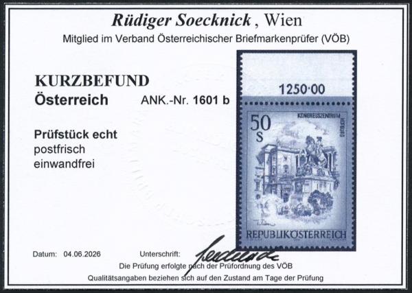 ANK 1601b Österreich 1998 – 50 Schilling „Schönes Österreich“ blaugrau – postfrisch mit Randziffer 1250,00 und Foto-Kurzbefund