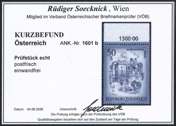 ANK 1601b Österreich 1998 – 50 Schilling „Schönes Österreich“ blaugrau – postfrisch mit Randziffer 1500,00 und Foto-Kurzbefund