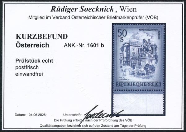 ANK 1601b Österreich 1998 – 50 Schilling „Schönes Österreich“ blaugrau – postfrisch mit Unterrand und Foto-Kurzbefund