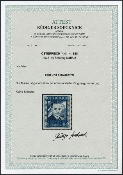 ANK 0588 "Dolfuß" 10 Schilling 1936 - Mint Condition