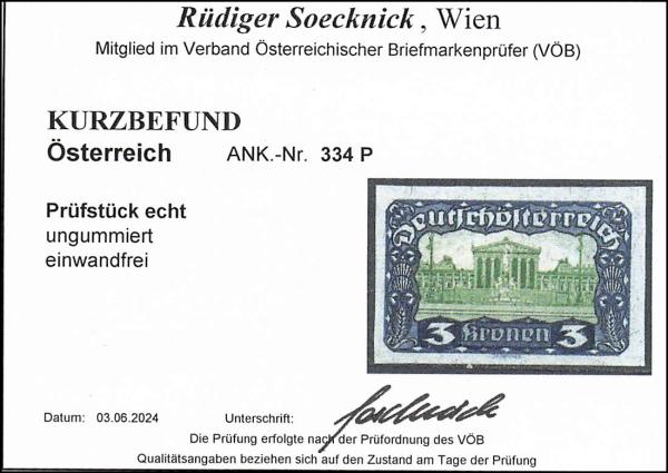 ANK 334 P Deutsch Österreich 3 Kronen 1920 Kärntner Abstimmungsausgabe