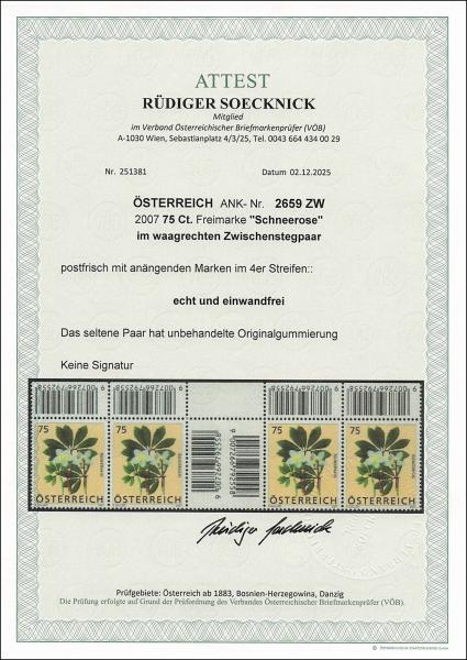 ANK 2659 ZW – Österreich 2007 – 75 Cent „Schneerose“ – oberes waagrechtes Zwischenstegpaar
