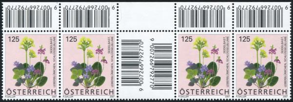 ANK 2660 ZW – Österreich 2007 – 125 Cent „Blumen: Seidelbast / Leberblümchen / Schlüsselblume“ – unteres waagrechtes Zwischenstegpaar