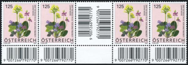 ANK 2660 ZW – Österreich 2007 – 125 Cent „Blumen: Seidelbast / Leberblümchen / Schlüsselblume“ – unteres waagrechtes Zwischenstegpaar