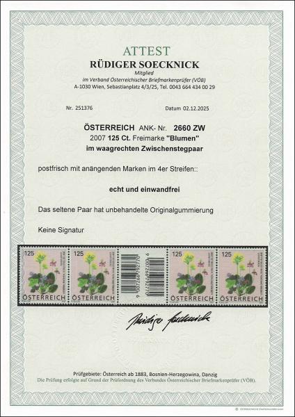 ANK 2660 ZW – Österreich 2007 – 125 Cent „Blumen: Seidelbast / Leberblümchen / Schlüsselblume“ – oberes waagrechtes Zwischenstegpaar